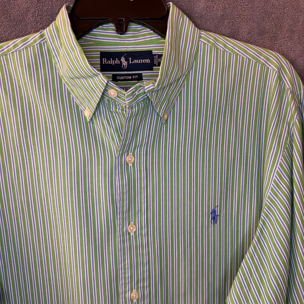 VTG Ralph Lauren Custom 16 34/35 Green Blue Striped L/Sleeve Button Down Shirt